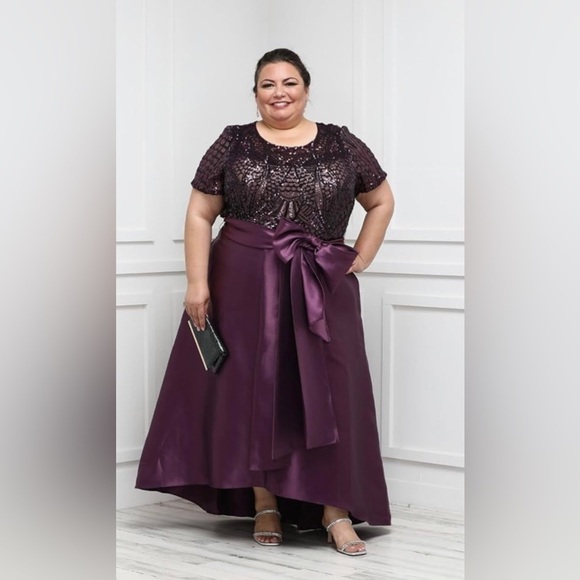 R&M Richards IVORY Short Sleeve Sequin-Embellished Hi -Low Plus size gown sz20W - Picture 9 of 16